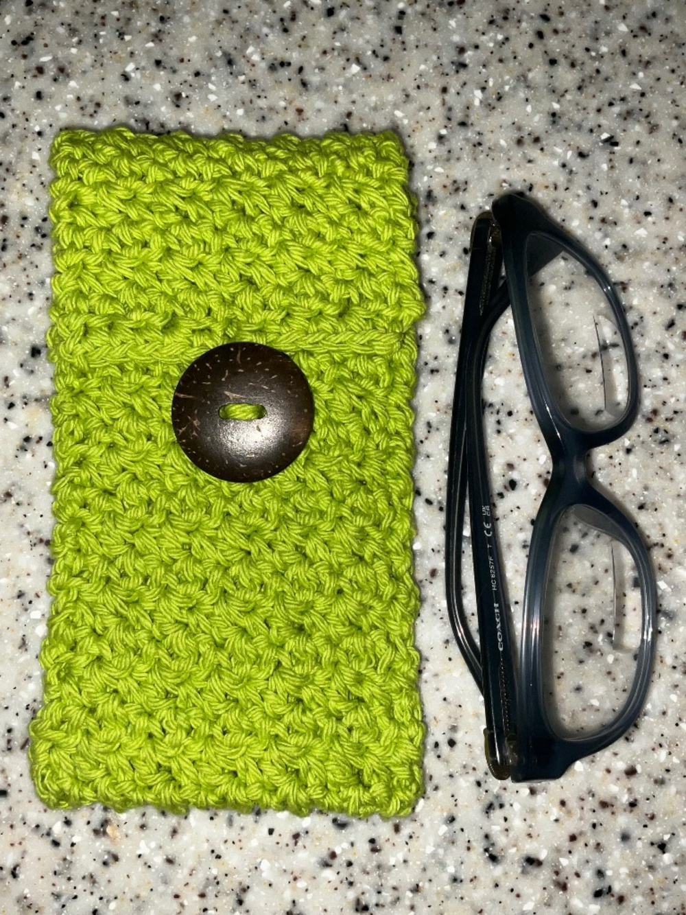 Handmade Crochet Eyeglass pouch/case with coconut button in green